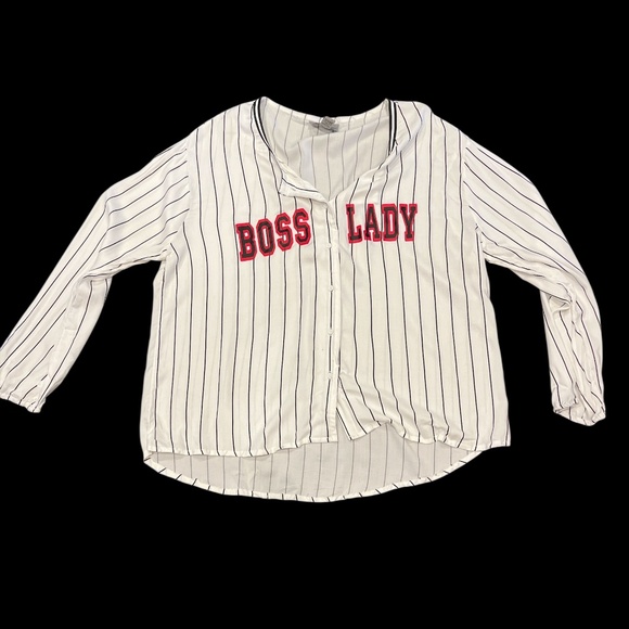 NWT Spoon Jeans White w/Black Pinstripe “Boss Lady” Baseball Jersey Top 2X - Picture 1 of 11